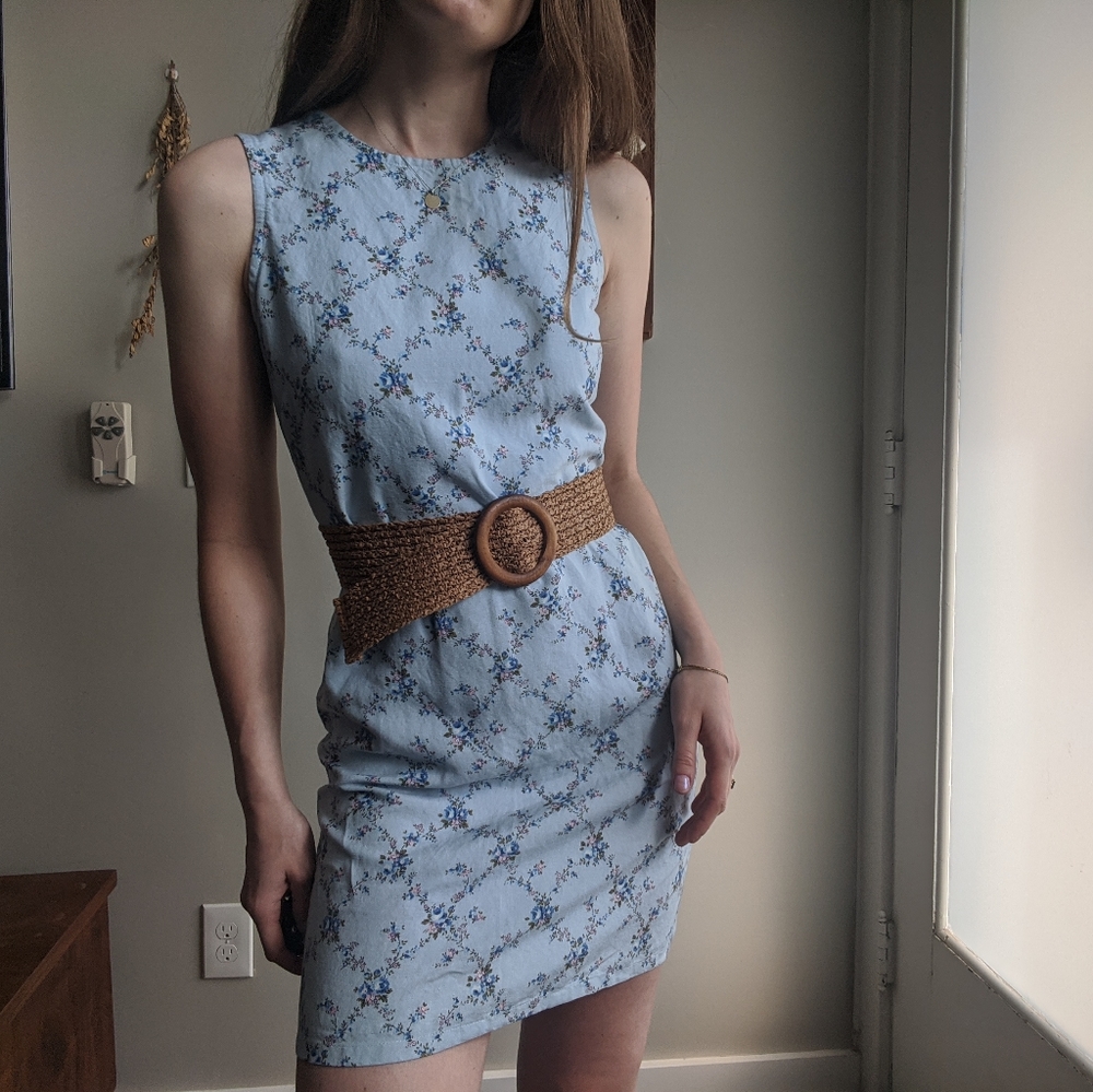 90s Y2K Baby Blue Mini Linen Blend Sheath …